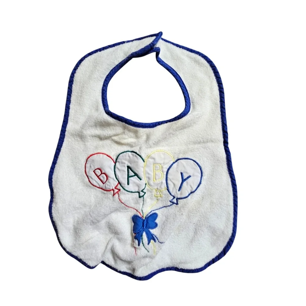 Vintage Embroidered‎ Balloons Baby Bib Terry Cloth Contrast Trim Hook Loop